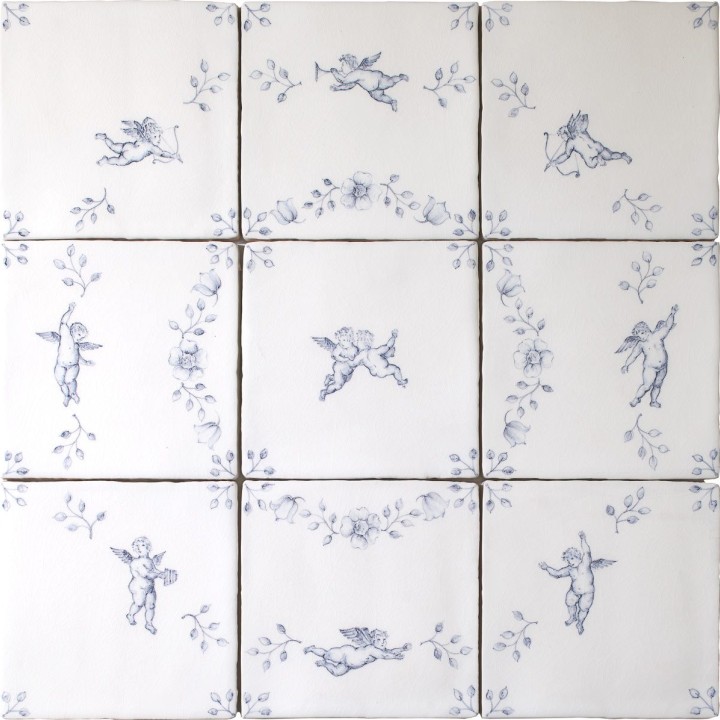 Cut out image of nine white tiles with blue delft illustrations of a cherubs and ornate floral corners