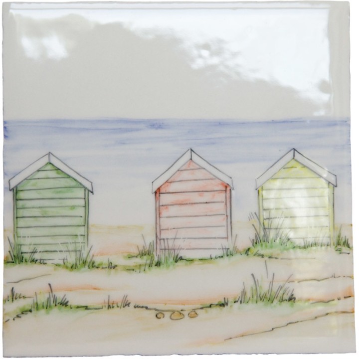 Hand painted bathroom beach square tile in a seaside style with sand and sea and three beach huts