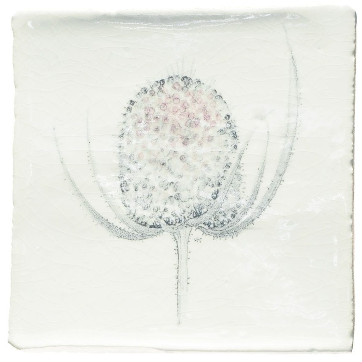 Cut out of a hand painted teasel square tile in a charcoal etching style
