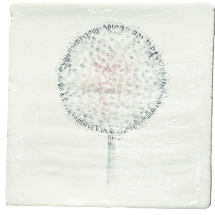 Cut out of a hand painted allium seed head square tile in a charcoal etching style
