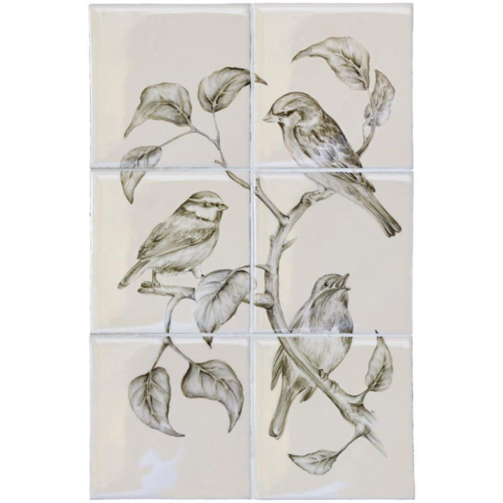 British Birds 2 handpainted wall tiles in charcoal featuring blue tit, robin and sparrow bird designs