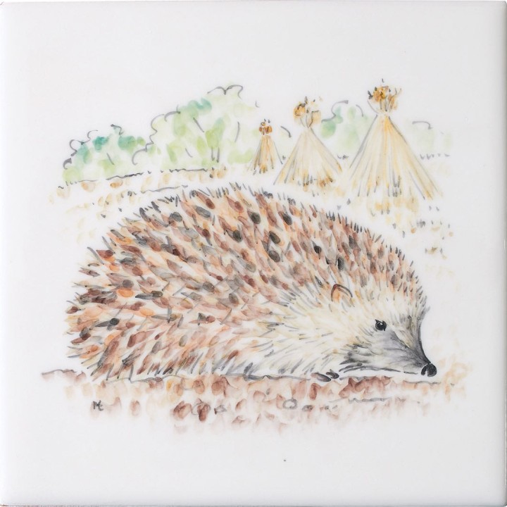 Cut out of hand painted hedgehog square tile with an ivory background