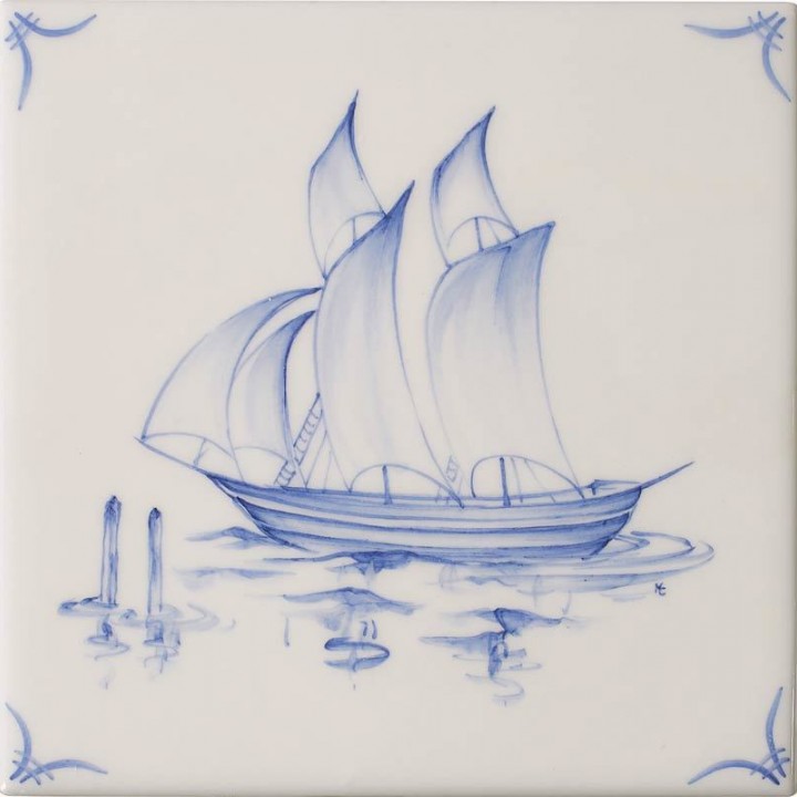 Cut out of a delft sailing boat square tile with the classic blue style with an ivory background and delft corners