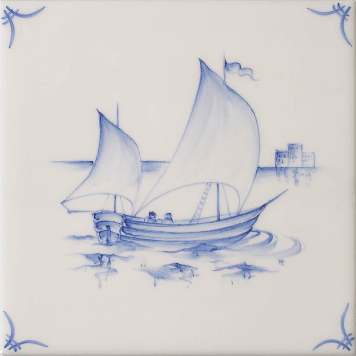 Cut out of a delft sailing ship square tile with the classic blue style with an ivory background and delft corners