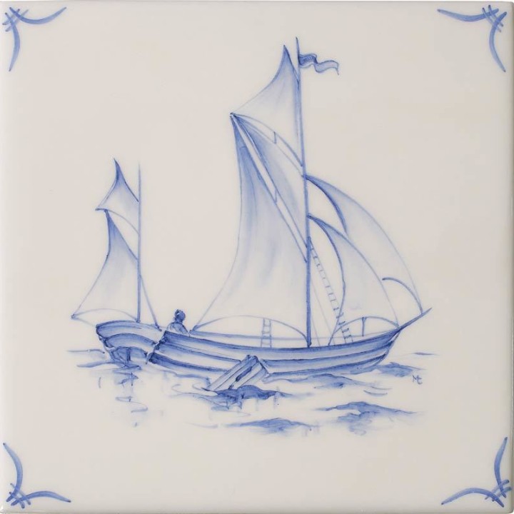 Cut out of a delft sailing ship square tile with the classic blue style with an ivory background and delft corners