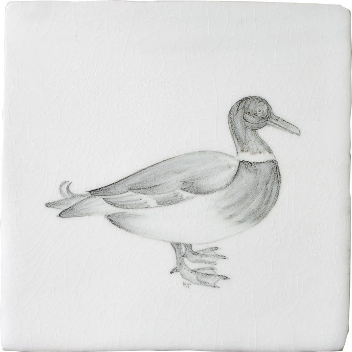 Cut out of a hand painted duck bird square tile in a classic charcoal style