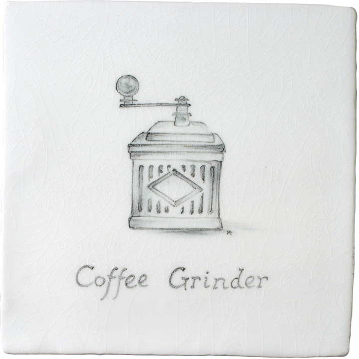 Vintage kitchen coffee grinder antique white tile with charcoal illustration
