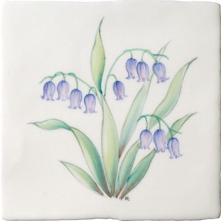 Cut out of hand painted Bluebell flower square tile with an ivory background