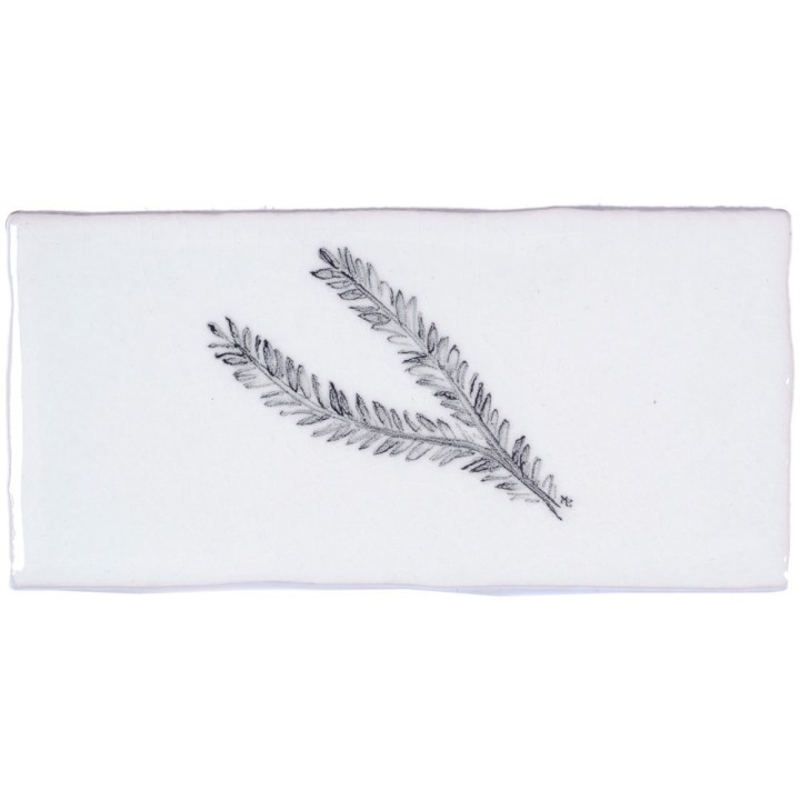 Cut out of a metro tile with a rosemary sprig illustration in a charcoal style