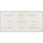 Word Tile splashback panel with names of cheese like Edam and Brie and illustrations of a cheese boards