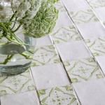 Checkerboard of a thyme green Mediterranean pattern tile paired with a plain tile styled as an outdoor table