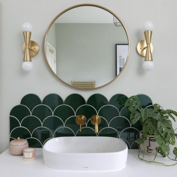 SoEmerald scallop tiles, from our Soho collection, arranged as an eye-catching splash back in Rhiannon Sager's bathroom