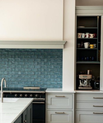 Chello Interior Design Seasons Babbling brook blue wall tiles behind range cooker in kitchen