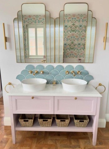 Soho So Aspen Leaf scallop wall tiles in the art deco style bathroom by Elite Kitchens and Bathrooms