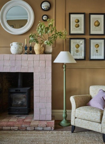 Halcyon Wild Rose pink handmade wall tiles on fireplace