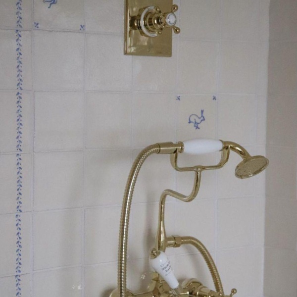 Wilding tiles and border pieces in Emma Diaz bathroom