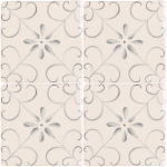 Four hand painted, patterned Patisserie Colette wall tiles in Grey Blue on an Antique White background