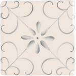 Hand painted, patterned Patisserie Colette wall tile in Grey Blue on an Antique White background