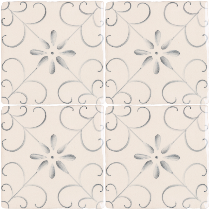 Four hand painted, patterned Patisserie Colette wall tiles in Grey Blue on an Antique White background