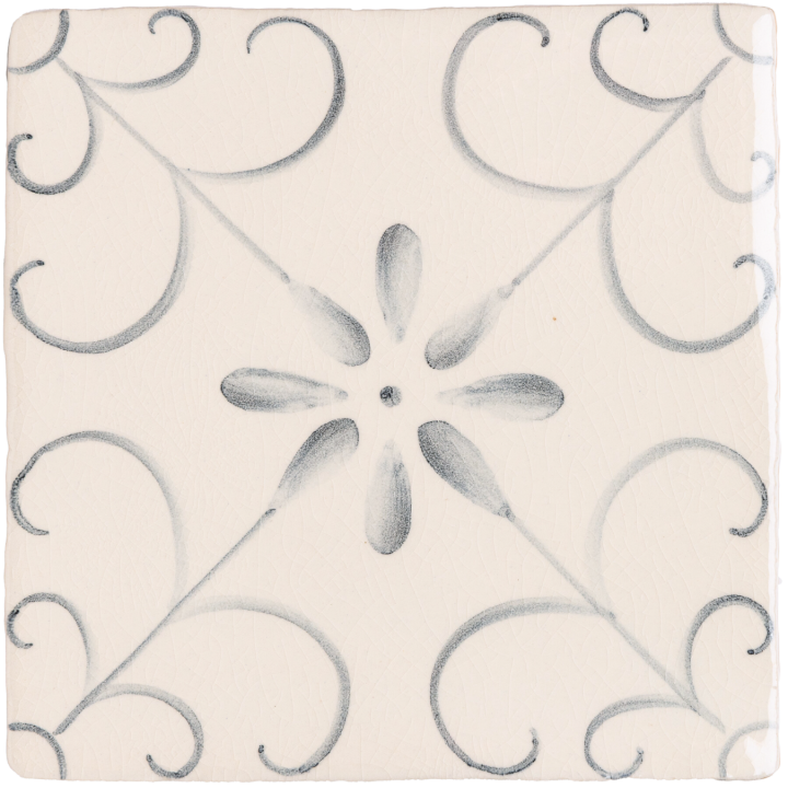 Hand painted, patterned Patisserie Colette wall tile in Grey Blue on an Antique White background