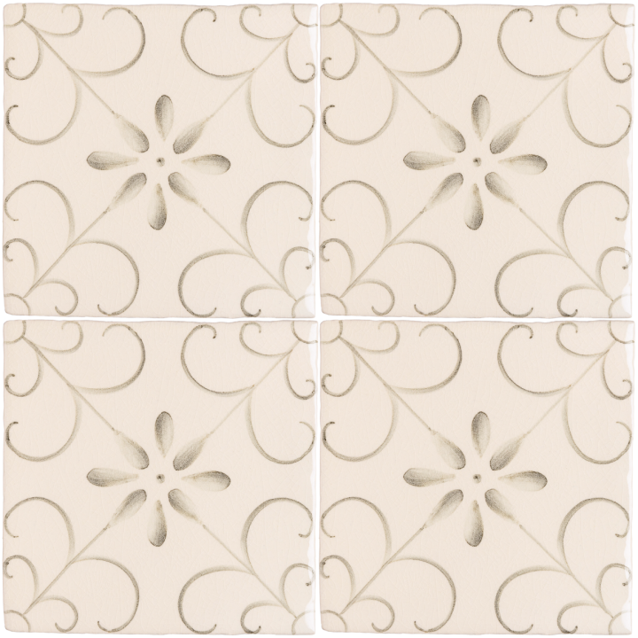 Four Hand painted, patterned Patisserie Colette wall tiles in Charcoal on an Antique White background