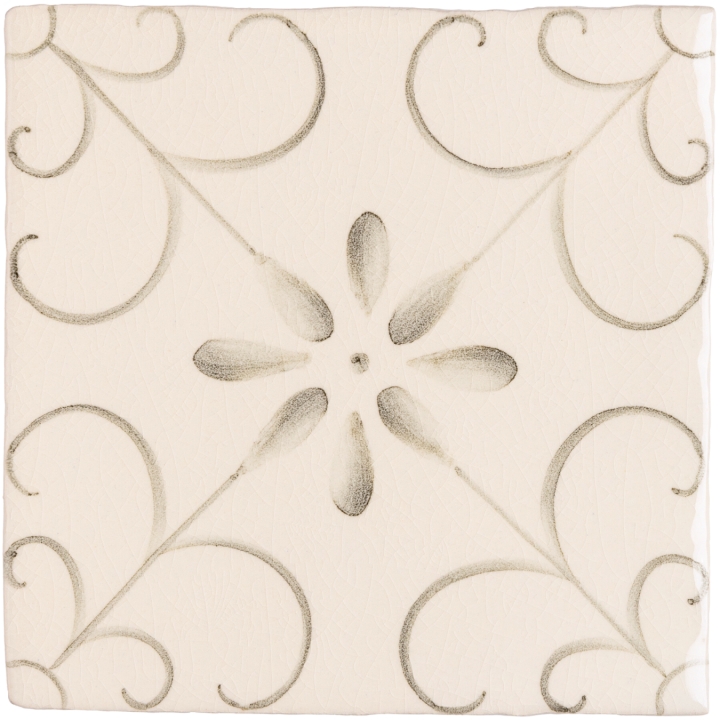 Hand painted, patterned Patisserie Colette wall tile in Charcoal on an Antique White background