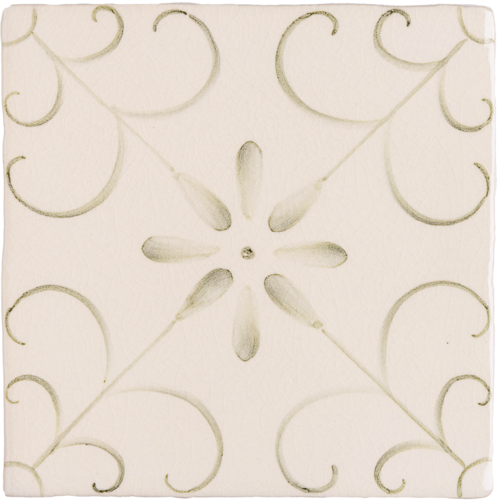 Hand painted, patterned Patisserie Colette wall tile in Sage Green on an Antique White background