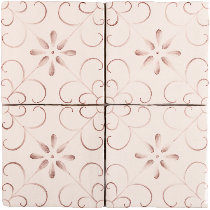 Four hand painted, patterned Patisserie Colette wall tiles in Earthy Rose on an Antique White background