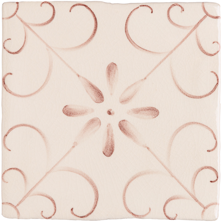 Hand painted, patterned Patisserie Colette wall tile in Earthy Rose on an Antique White background