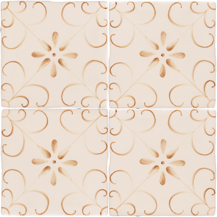 Four hand painted, patterned Patisserie Colette wall tiles in Warm Umber on an Antique White background