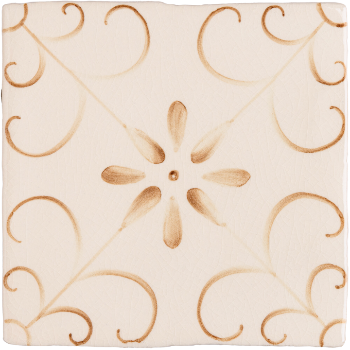 Hand painted, patterned Patisserie Colette wall tile in Warm Umber on an Antique White background