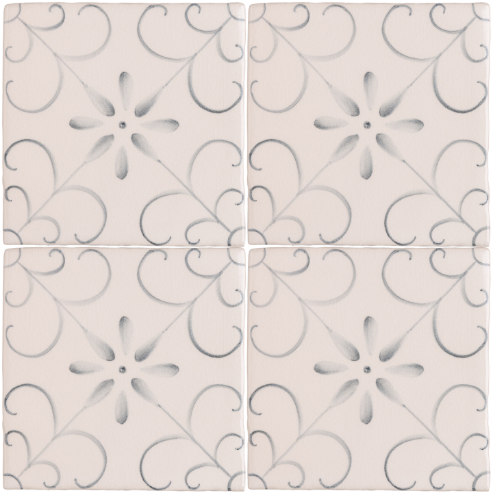 Group of four handpainted, patterned Patisserie Colette wall tiles in Grey Blue on a Chalk White background