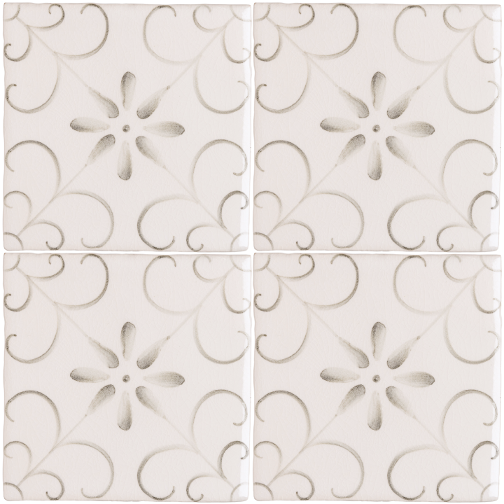 Group of four handpainted, patterned Patisserie Colette wall tiles in Charcoal on a Chalk White background