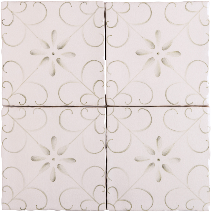 Group of four handpainted patterned Patisserie Colette wall tiles in Sage Green on a Chalk White background
