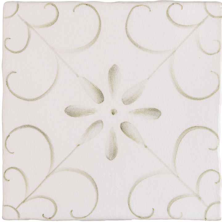 hand painted, patterned Patisserie Colette wall tile in Sage Green on a Chalk White background