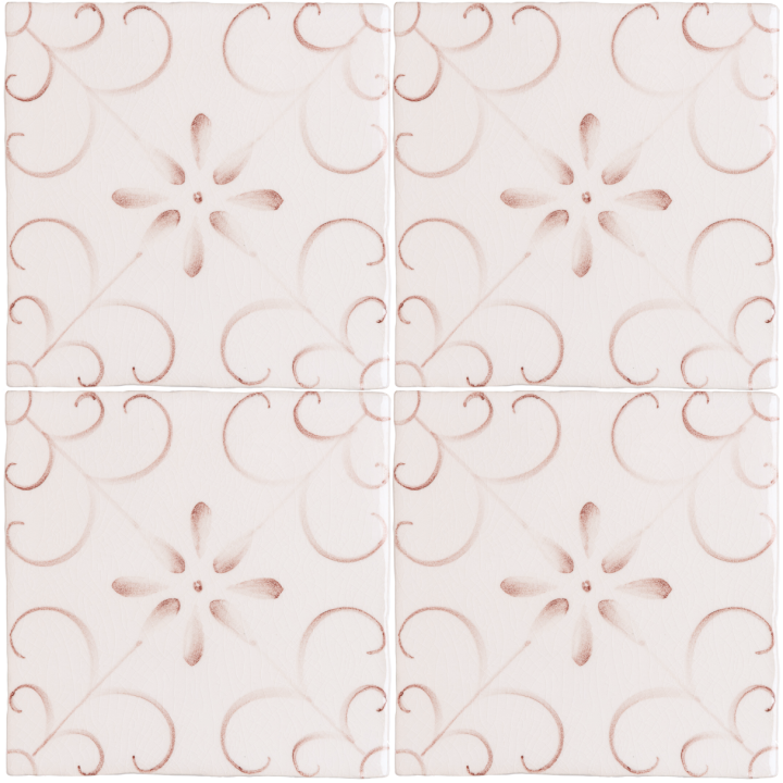 A group of four hand painted patterned Patisserie Colette tiles in Earthy Rose on a Chalk White background