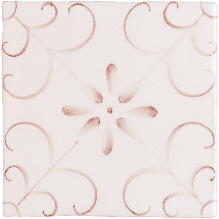 Handpainted patterned pink Patisserie Colette in Warm Umber on a Chalk White background wall tile
