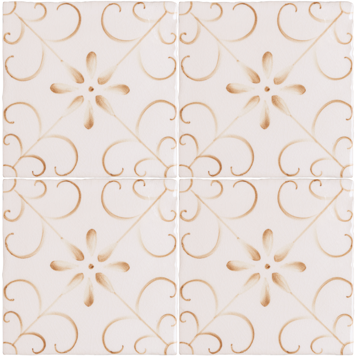 A group of four handpainted patterned tiles from collection Patisserie Colette in Warm Umber on a Chalk White background