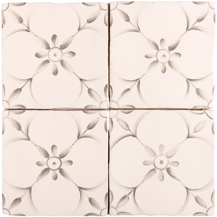 Patisserie Elodie handpainted patterned wall tiles in Charcoal on an Antique White background