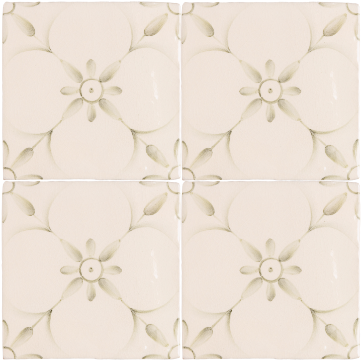 Patisserie Elodie handpainted wall tiles in Sage Green on an Antique White background