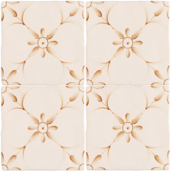 Patisserie Elodie handpainted patterned wall tiles in Warm Umber on an Antique White background