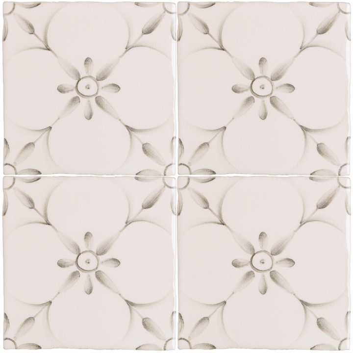 Patisserie Elodie handpainted patterned wall tiles in Charcoal on a Chalk White background