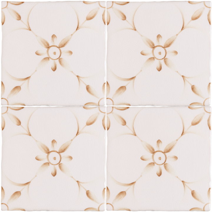 Patisserie Elodie hand painted patterned wall tiles in Warm Umber on a Chalk White background