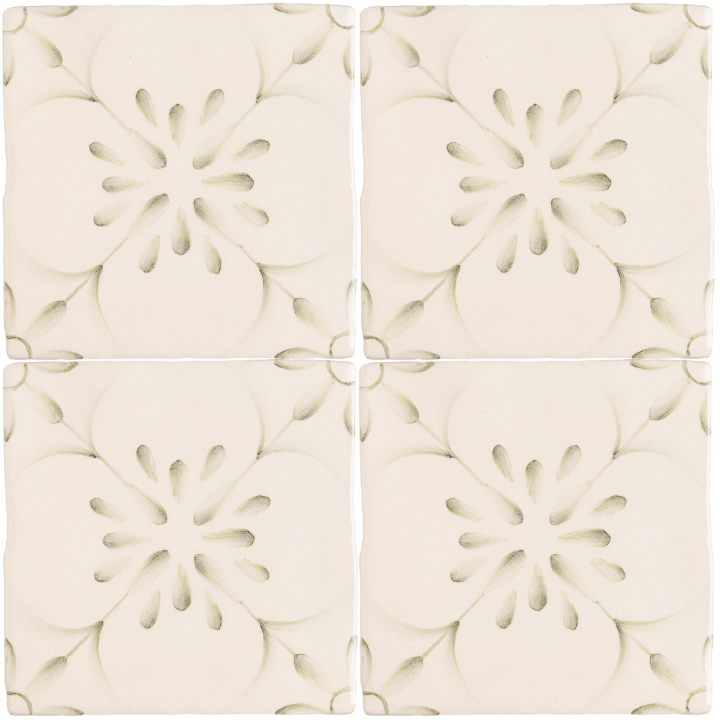 Patisserie Madeleine hand painted wall tiles in Sage Green on an Antique White background