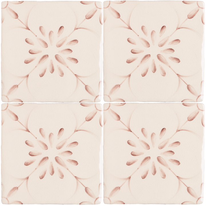 Patisserie Madeleine hand painted patterned wall tiles in Earthy Rose on an Antique White background
