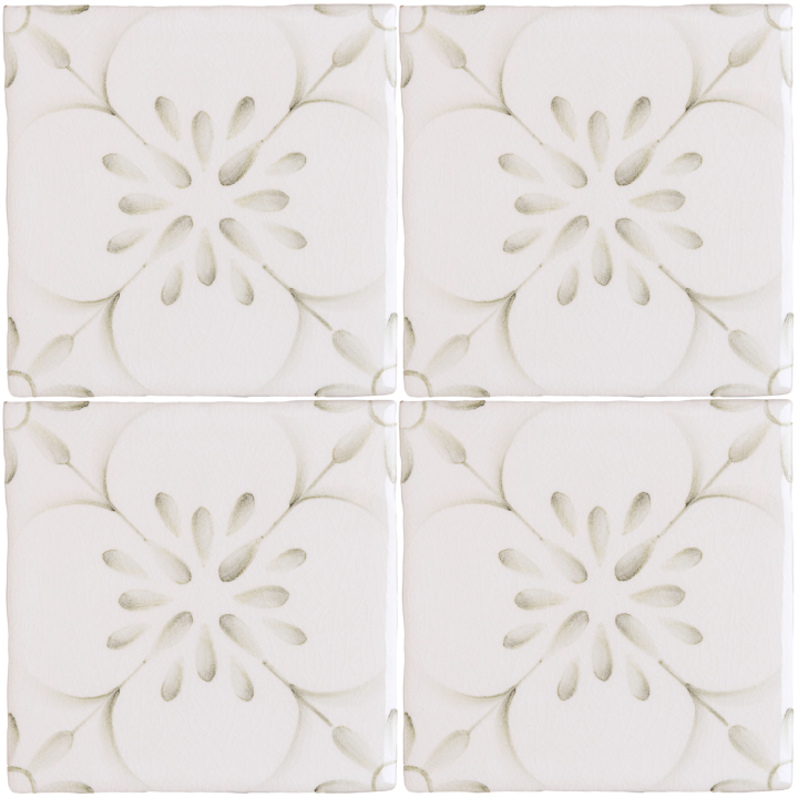 Patisserie Madeleine handpainted wall tiles in Sage Green on a Chalk White background