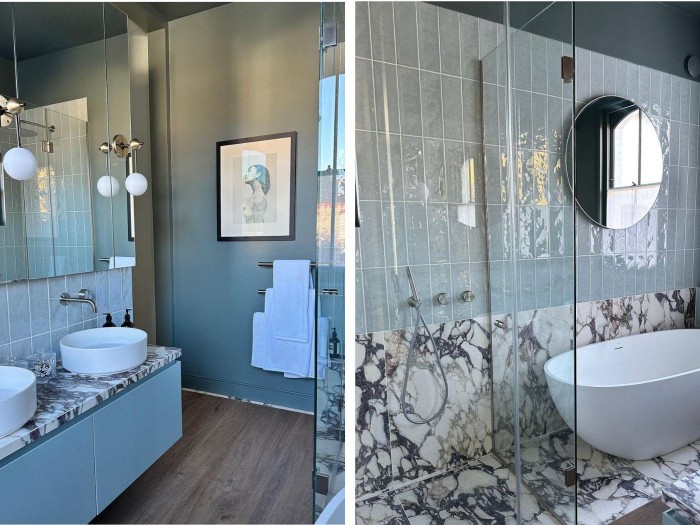 Tara Jenkins bespoke tiled bathroom featuring Soho Sospruce colour glaze on 11x33cm tiles