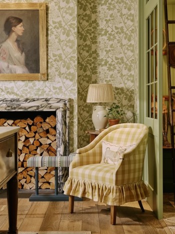 Sims Hilditch at WOW House 2025 chair and fireplace Portrait