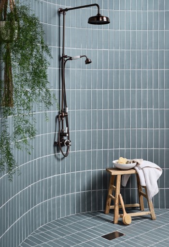 Matt coldharbour green silver grey grout shower angle portrait WEB