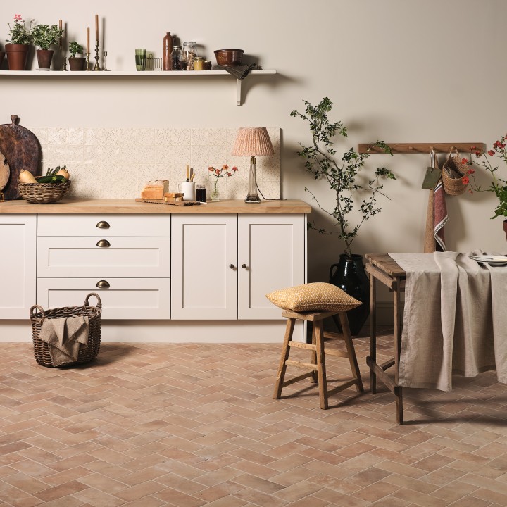 Emma Sage Green square brick tiles with Jasmine Grout and Seville Small Brick porcelain floor tiles